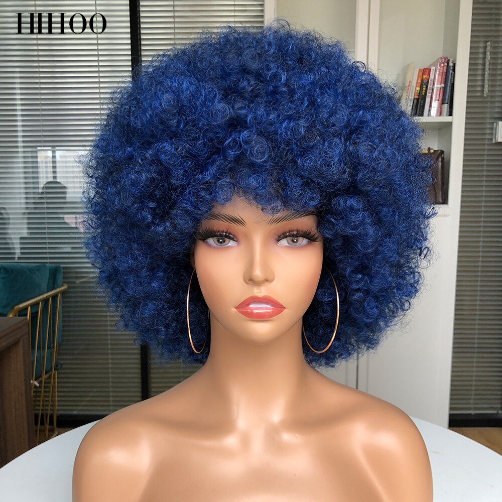 Peluca Afro rizada de pelo corto con flequillo para mujer, peluca sintética rosa para Cosplay, color negro, azul, rojo y marrón para Halloween: P2 / 613