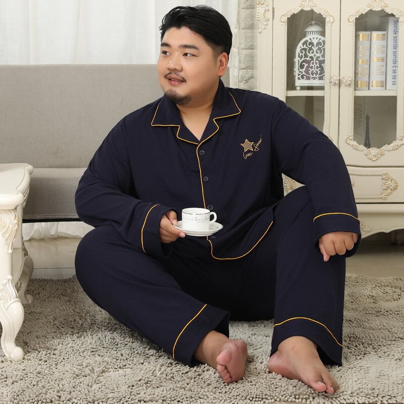 Autumn Men's Plus Fat Large Size Cotton Pajamas Set Male Fat Guy Lapel Long Sleeve Home Wear Pijama Suit Micro-elasticity 5XL