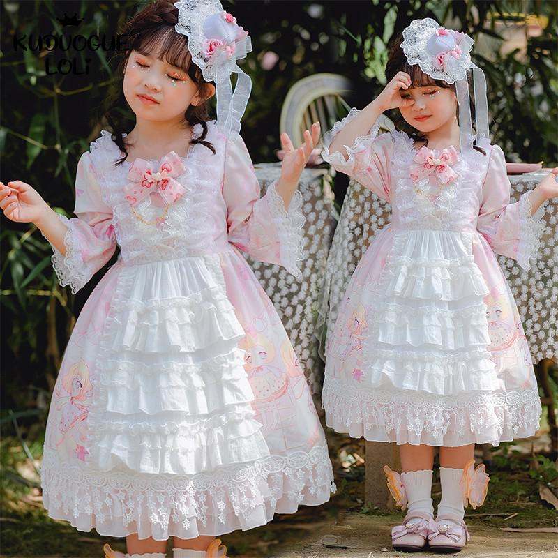 Børns lolita op kjole børn baby piger kortærmet prinsesse blomstermotiver sløjfe tegneserie søde lag flæser kostume fest