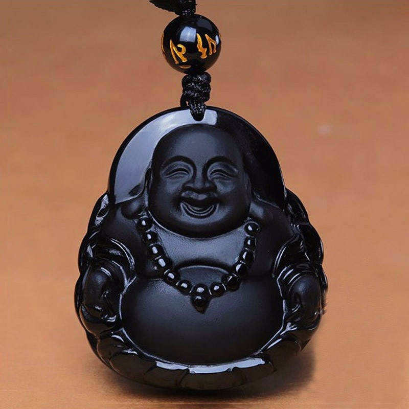TNUKK Mode Natuurlijke Zwarte Obsidiaan Gesneden Unieke Lachende Boeddha Geluk Hanger Amulet Ketting Fijne steen Crystal Sieraden