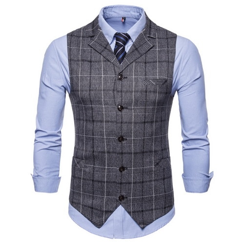 SEENIMOE Mens Hochzeit Weste gestreift Plaid Formale Blazer westen lässig Einreiher V-ausschnitt M-4XL Männlichen Anzug Weste: MV28GR / XXXL