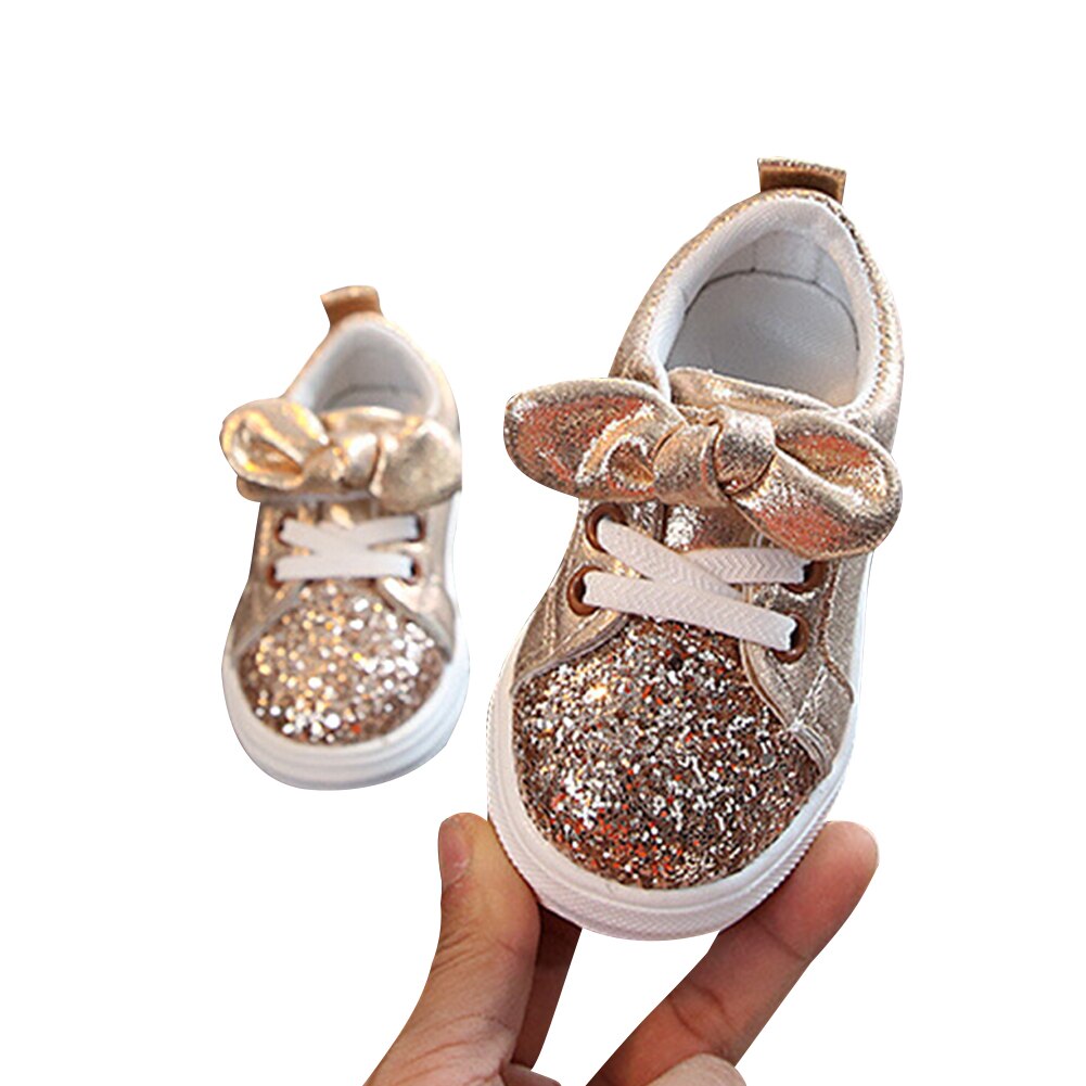 Chaussures de Sport pour petites filles de 1 à 3 ans, baskets à paillettes avec nœud, à semelle plate, brillantes, à la , 1 paire: Or / 24