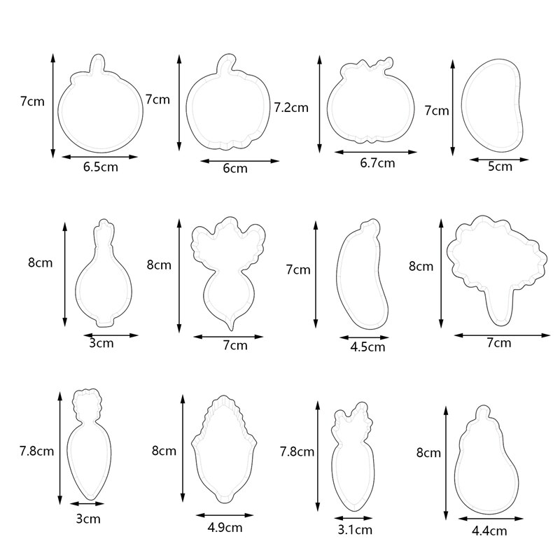 Set van 12 groentevormige koekjesvormpjes van roestvrij staal, metalen keukenbakvormen, goedkope koekjesvormpjes