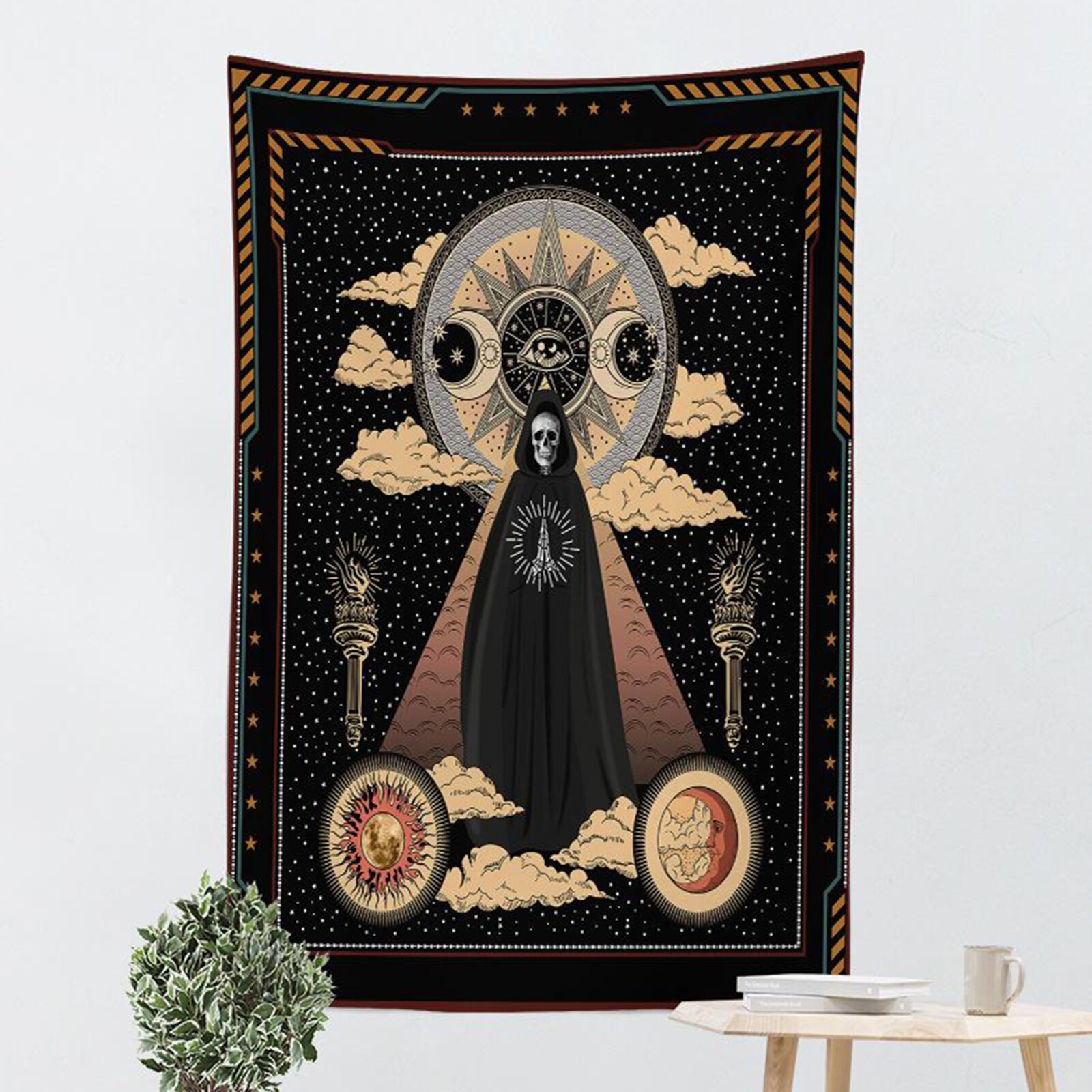 Garden Tapestry Moon Phase Surrounded by Vines and Flowers Black Wall Decor Tapestry: Style2 150x100cm