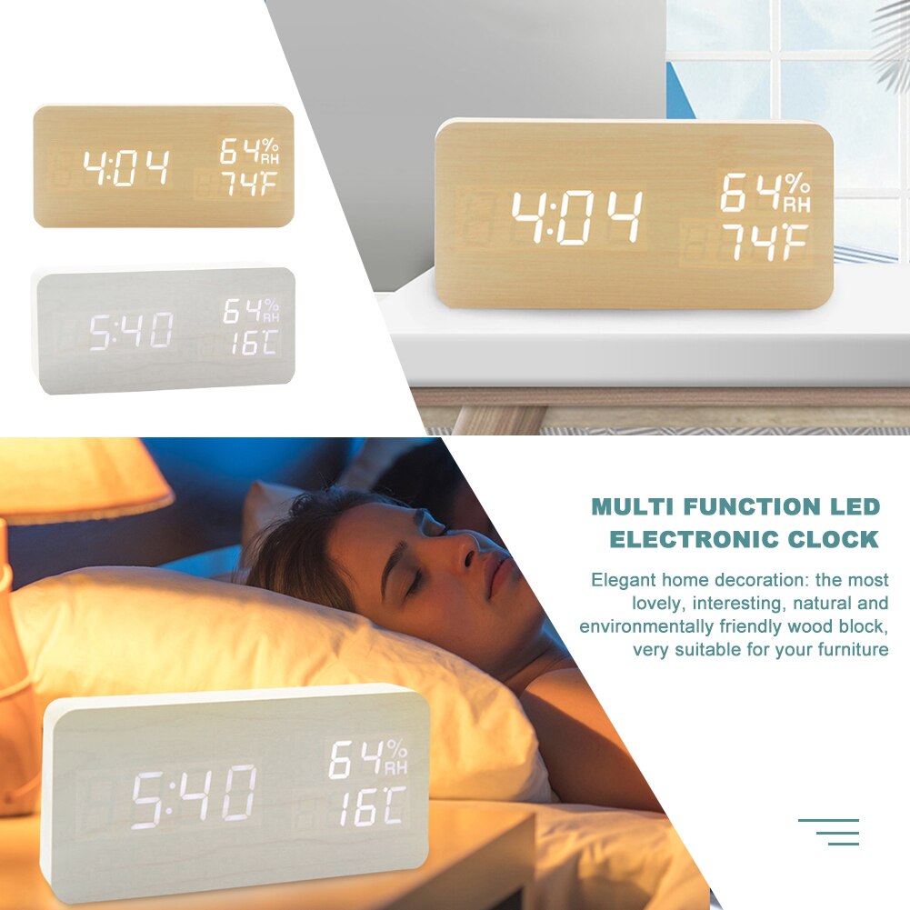 Wood Block LED Digital Clock Night Lights Smart Adjustable Multifunction Electronic Alarm Clocks Desktop Clocks