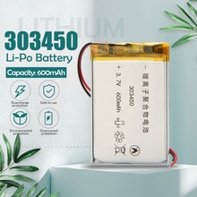 Batería de polímero de litio para DVD, GPS, MP3, MP4, E-book, luz LED, altavoz, auriculares, cámara, Bluetooth, 3,7 V, 600mAH, 303450, 303550