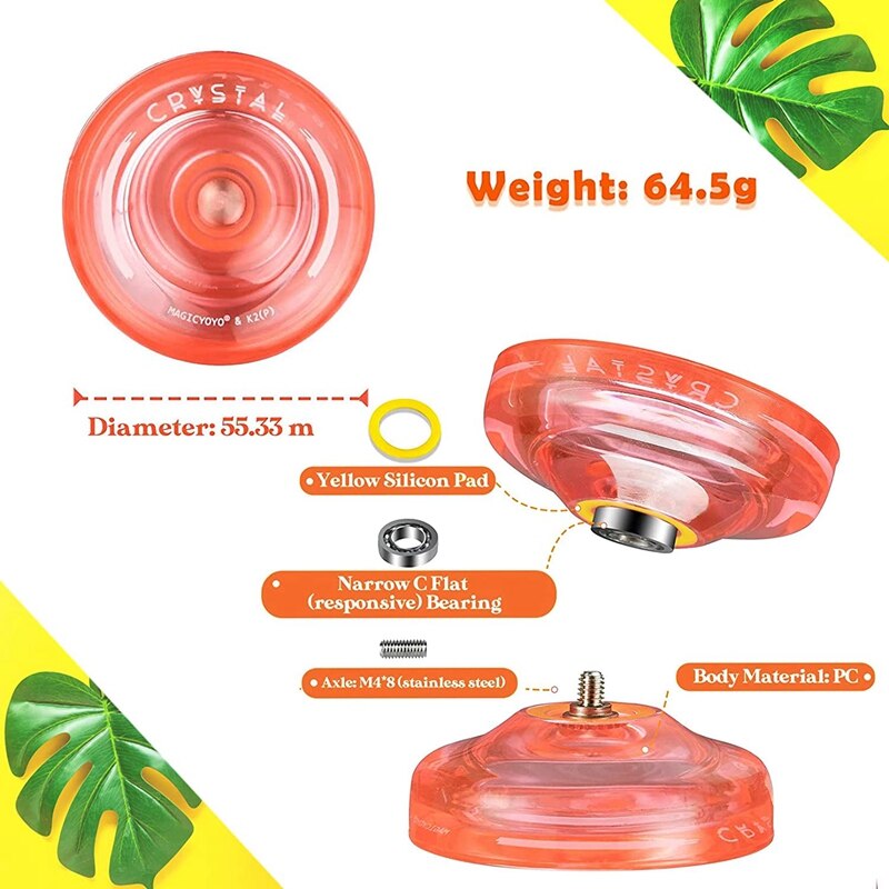 Magicyoyo K2 Responsieve Fingerspin Yoyo Voor Kinderen Beginners Crystal Yoyo Voor Kinderen Beginners Jojo Met 2 Handschoenen, 2 Tassen, 10 Strings