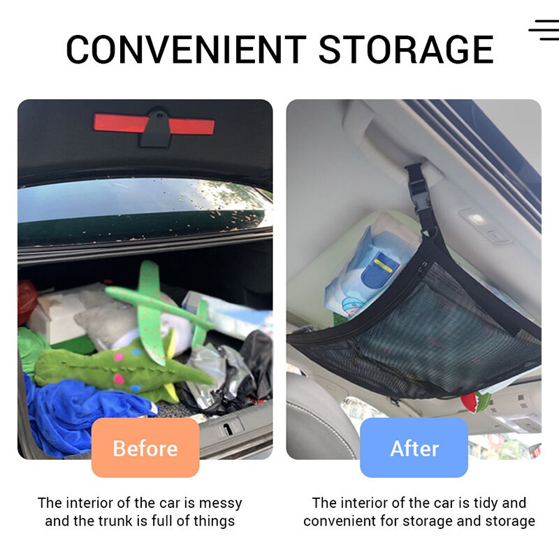 Filet de rangement de plafond de voiture, poche de filet de rangement Portable de toit intérieur sac de filet suspendu grande capacité pochette de chargement automatique produits de voiture