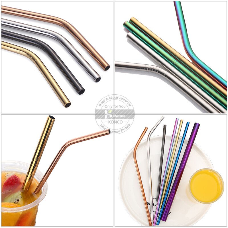 Konco Metal Straws Stainless steel reusable Straw Tea Coffee drinking Straws with clean brush Portable straw bags