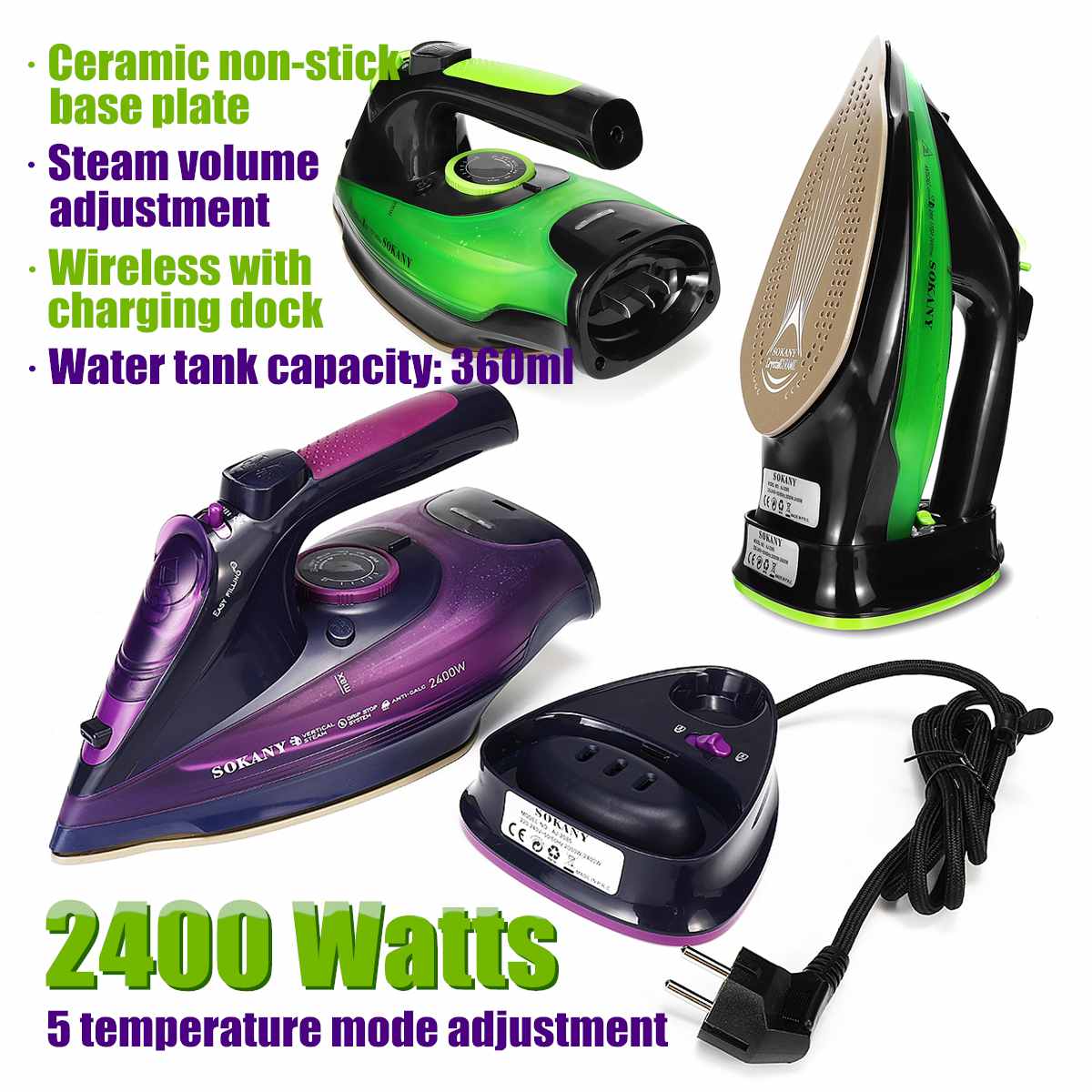 Plancha de vapor con cuerda eléctrica de 2400W, plancha de vapor con carga inalámbrica, ajuste de 5 velocidades, plancha de ropa, ABS + suela de cerámica, enchufe europeo