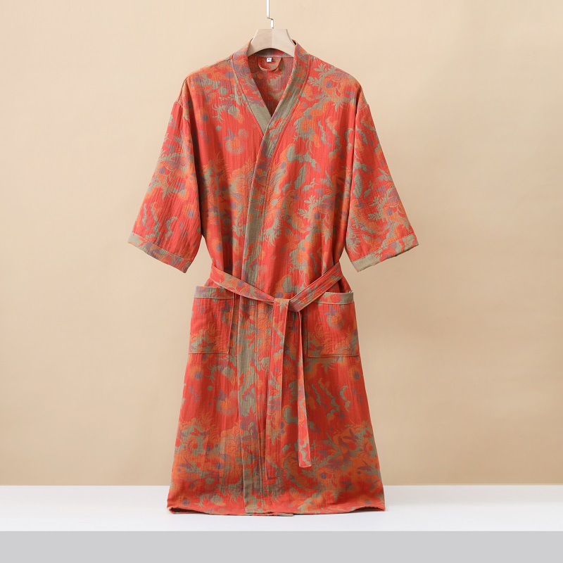 Modisch bedruckter Kimono-Bademantel aus Baumwolle mit halben Ärmeln für den Frühling und den Sommer: L / Blau