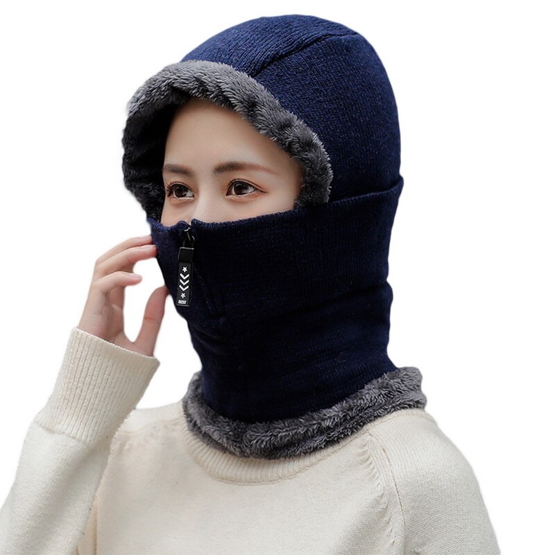 Dames winter warme wollen muts met fluweel dames warme wollen muts met bib masker en oorbescherming stofdichte fietsmutsen: Blauw