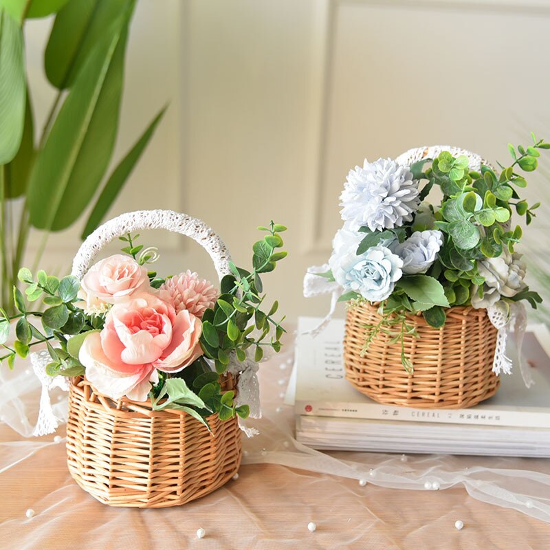 Wicker Woven Flower Basket Handle Wedding Flower Girl Baskets Candy Basket Storage Basket For Home Garden Decora