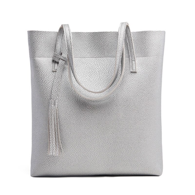 Bolso de hombro para mujer de gran capacidad, bolso de compras con borla, bolso de viaje: Plata