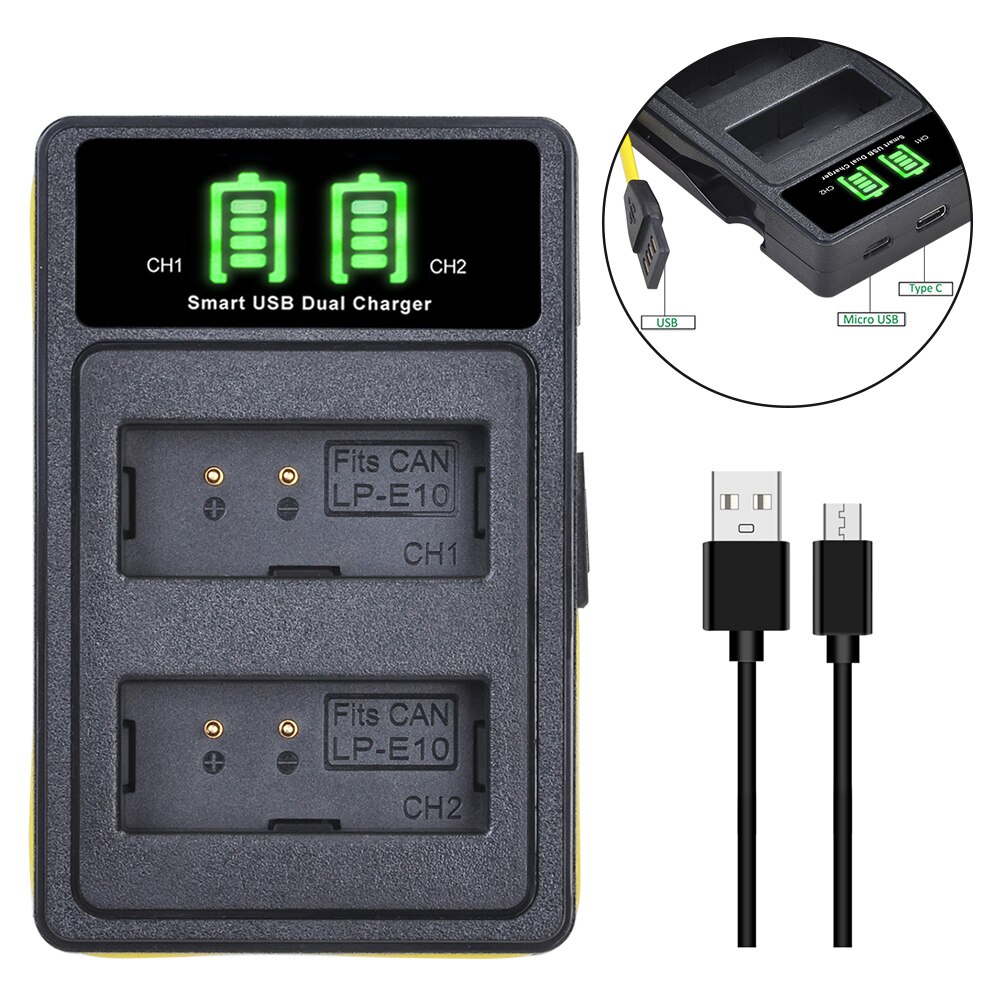 LP-E10 LP E10 LPE10 Kits de chargeur de batterie pour Canon EOS 1100D 1200D 1300D Kiss X50 X70 X80 rebelle T3 Batteries avec Port de Type C.: Charger Only