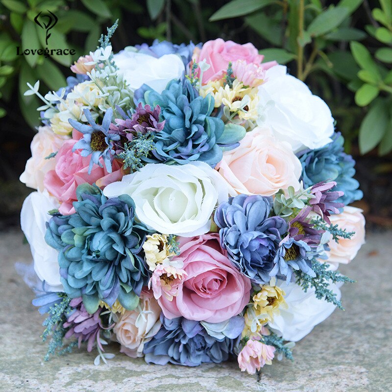 Braut Hochzeit Seide Blume Strauß Blau Rosa Künstliche Rose Blume Strauß für Braut Künstliche Blume Braut Hand Halfter Flore