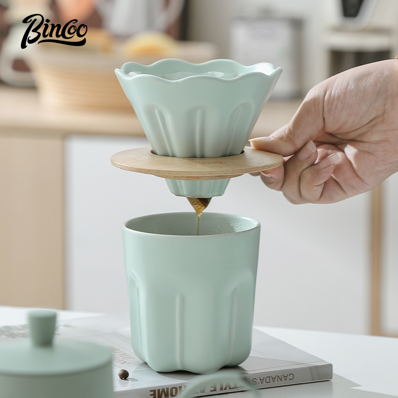 Taza con filtro de café de cerámica V01, juego de tazas de café con filtros reutilizables con soporte de madera, gotero de embudo, taza con filtro de flores, accesorios para café