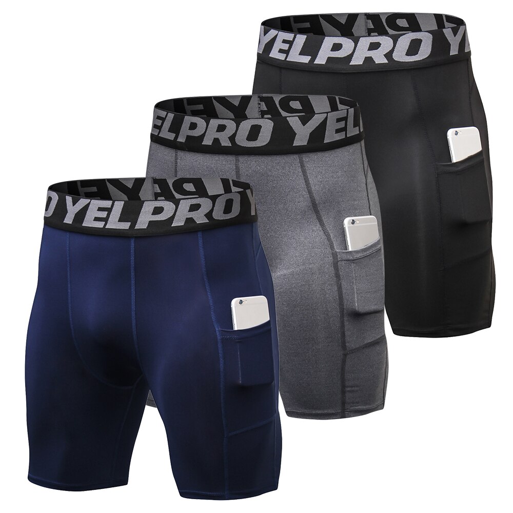 3 pakke løpeshorts for menn hurtigtørkende trening fitness kompresjon gymshorts aktive treningsundertøy sportstights med lomme: S / Svart grå mørk