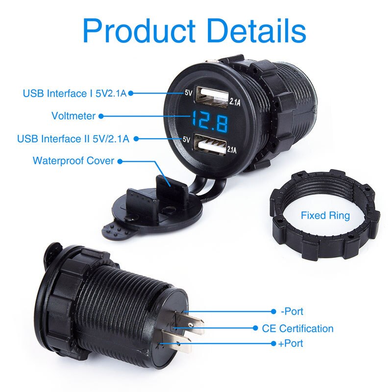 Dual USB charger socket adapter LED display with dust cover power socket car motorcycle (output 5V2.1A / input 12V24V)