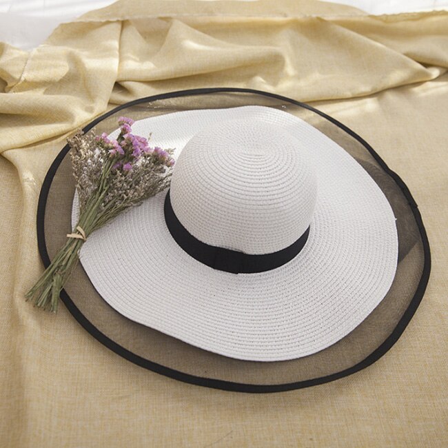Solhatte til kvinder piger brede rand floppy stråhat sommer bohemia strand cap bånd chapeau femme ete sort: Hvid