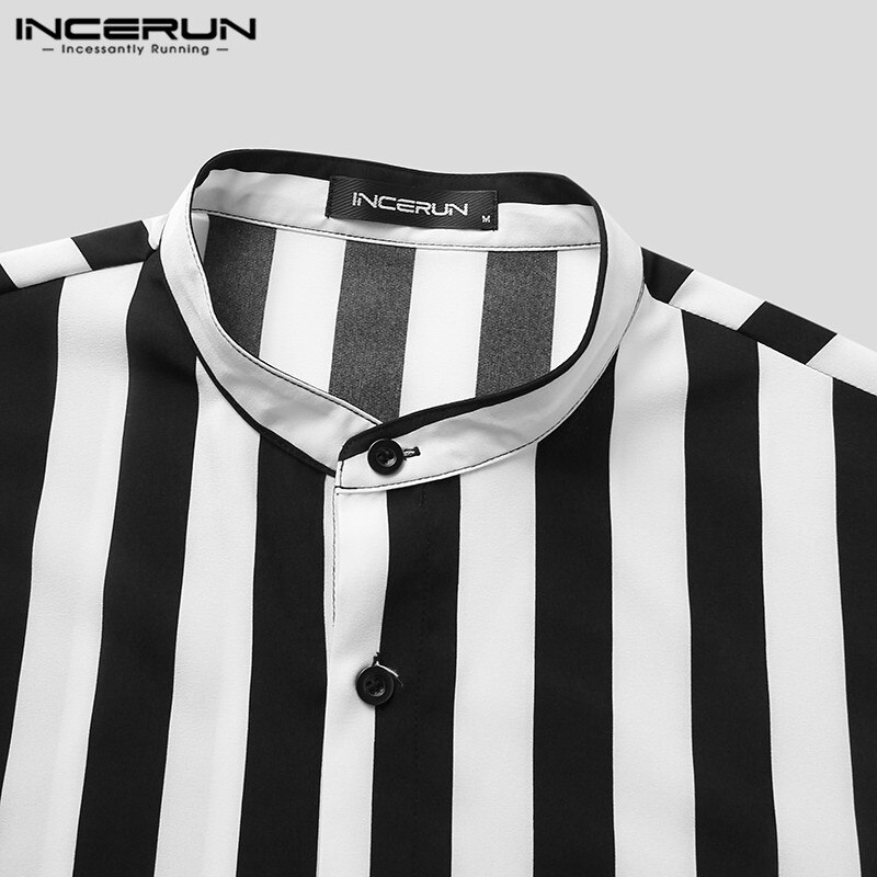 Men Striped Shirt Brand Stand Collar Streetwear Short Sleeve Button Casual Camisas Summer Men Clothing INCERUN S-5XL