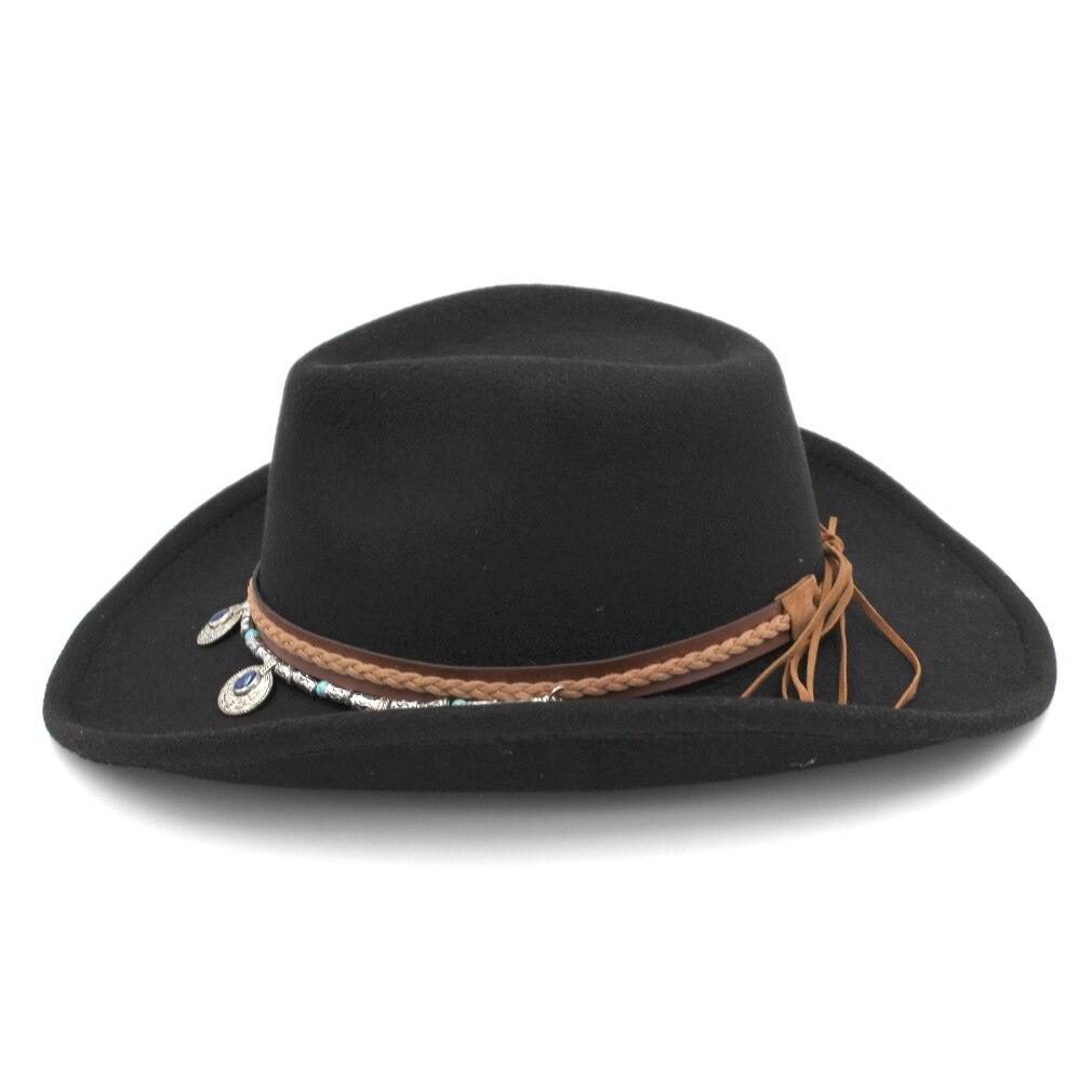 Munng Unisex Retro Western Equestrian Cowboy Hat Cattleman Riding Upturn Wide Brim Cowgirl Cap Beading Braided Hatband