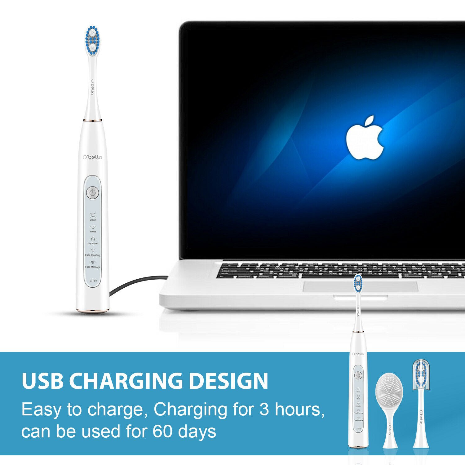 O'bella T10 Electric Toothbrush USB Rechargeable Waterproof Sonic Electric Toothbrush Head Upgraded Ultrasonic Toothbrush