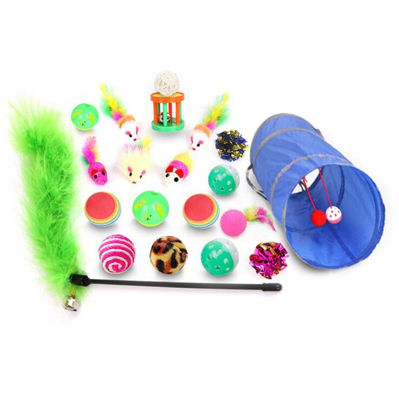 10/15/17/20pcs Pet Cat toy Set Cat Feather Toys Teaser Wand Pet Ball Rings Interactive Products Cat Tunnel Toy Telescopic Rod