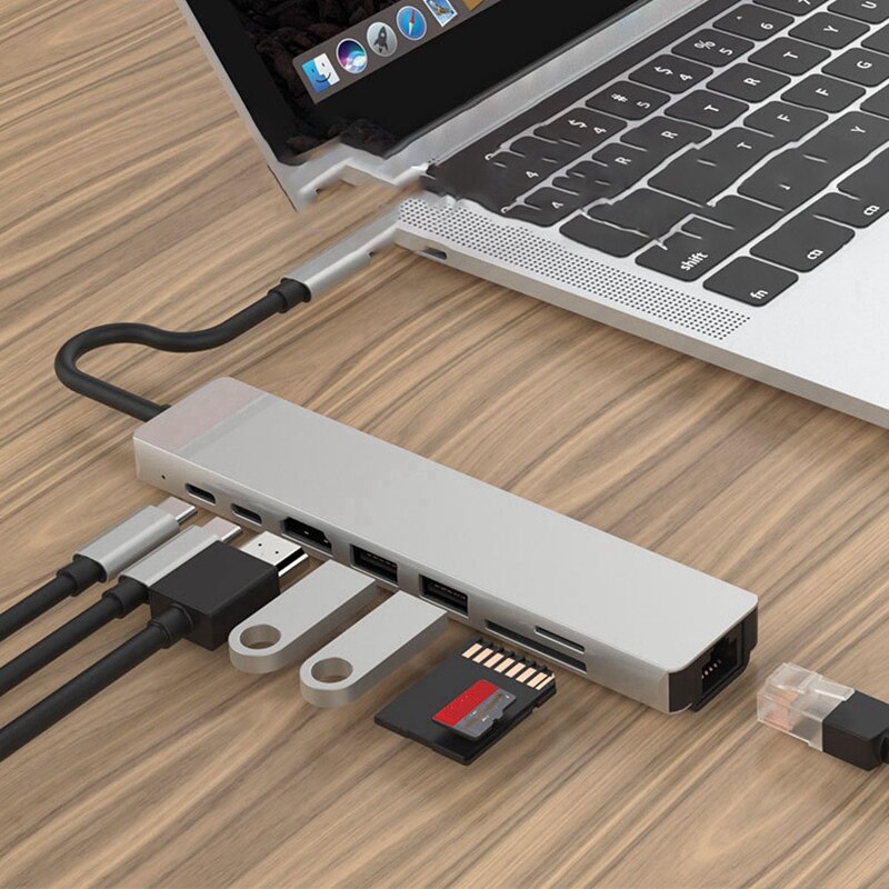 8 in 1 usb 3.0 höghastighetsportar typ-c hub usb-c  to 4k 30hz hd laptop  rj45 gigabit ethernet nätverk pd hub