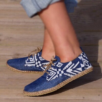 Blå flade sko kvinder snøresko flad platform dame behagelige sko afslappet ægte forhastet hamp zapatillas mujer: 42