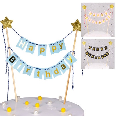 Mini Happy Birthday Banner Star Cake Topper Party Dessert Table Cake Decoration Supplies Handmade Bunting Garland Pennant Flags