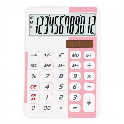 Large-Screen Display Financial Accounting Calculator 12 Digits ABS Portable Solar Office Computer Calculator: White Pink