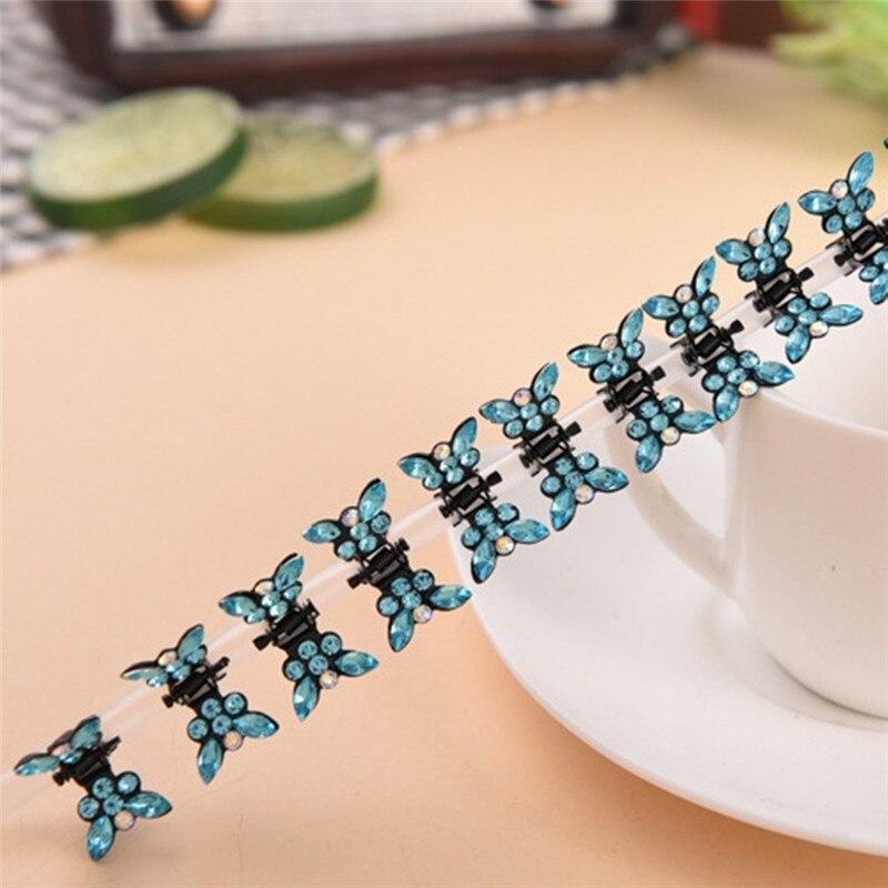 Conjunto de 12 pinzas pequeñas para el pelo con forma de mariposa para mujer, pinzas de Metal para el pelo con diamantes de imitación, para cangrejo, accesorios para el cabello: Lake Blue