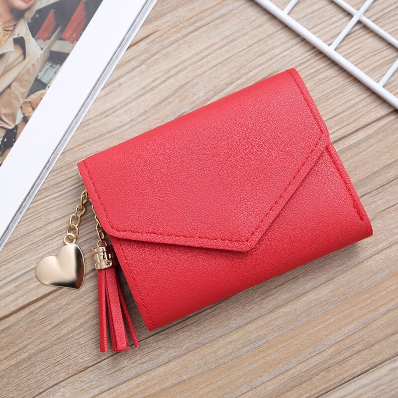 Women's Wallet Cute Student Tassel Pendant Short Wallet Trend Small PU Wallet Coin Purse Ladies Card Bag For Women: red