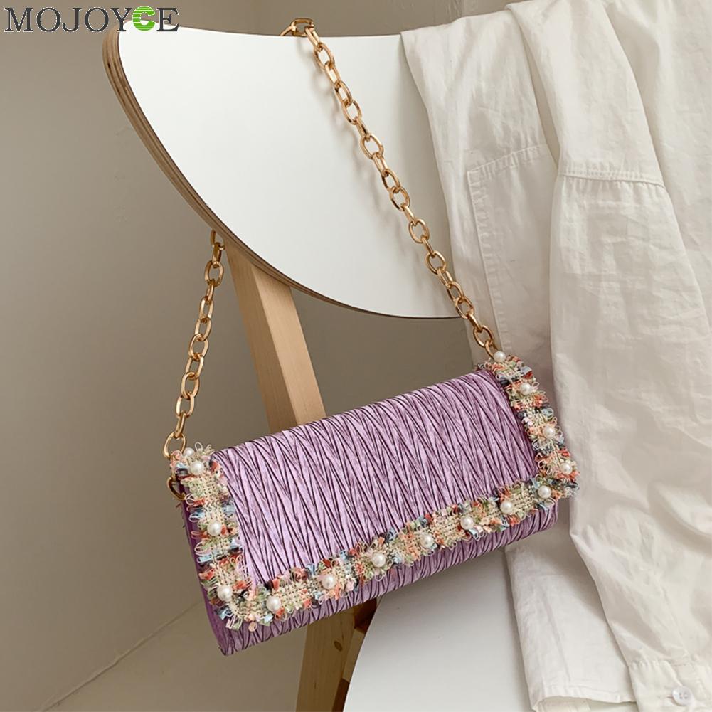 Prachtige boodschappentas, draagbare dames nylon schoudertas met geplooide pareldecoratie, handtassen voor dames, party clutch