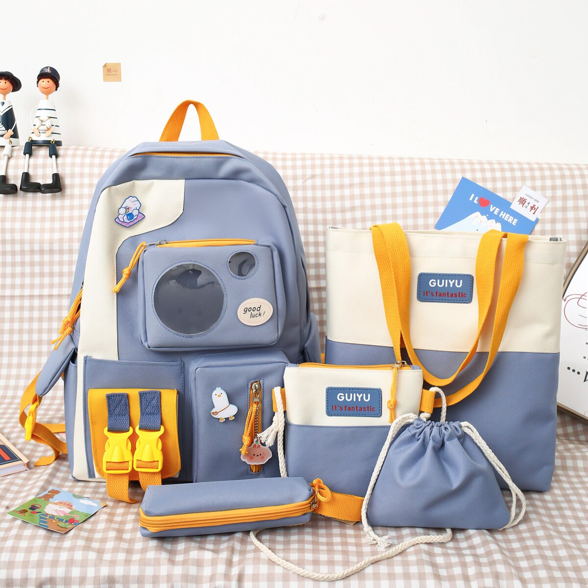 Wasser nachweisen Rucksack Für jugendlich Mädchen 2022 Nette Schule Tasche Für Frauen 5 Pes einstellen Schüler Rucksack Große Mehrere Taschen Tornister: Blau