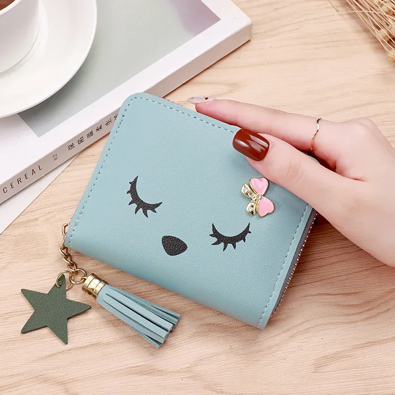 Women Small Coin Wallet Ladies Mini Tassel Wallet Cute Girl Short Purse Bags Zipper Lovely Leather Coin Purse Lady Hand Wallet: Burgundy