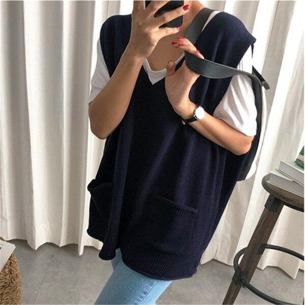 Rugod Herfst Winter Stijl Chic Vintage Effen Kleur Split Vest V-hals Gebreide Trui Mode Kpop Kleding Plus Size: Marineblauw