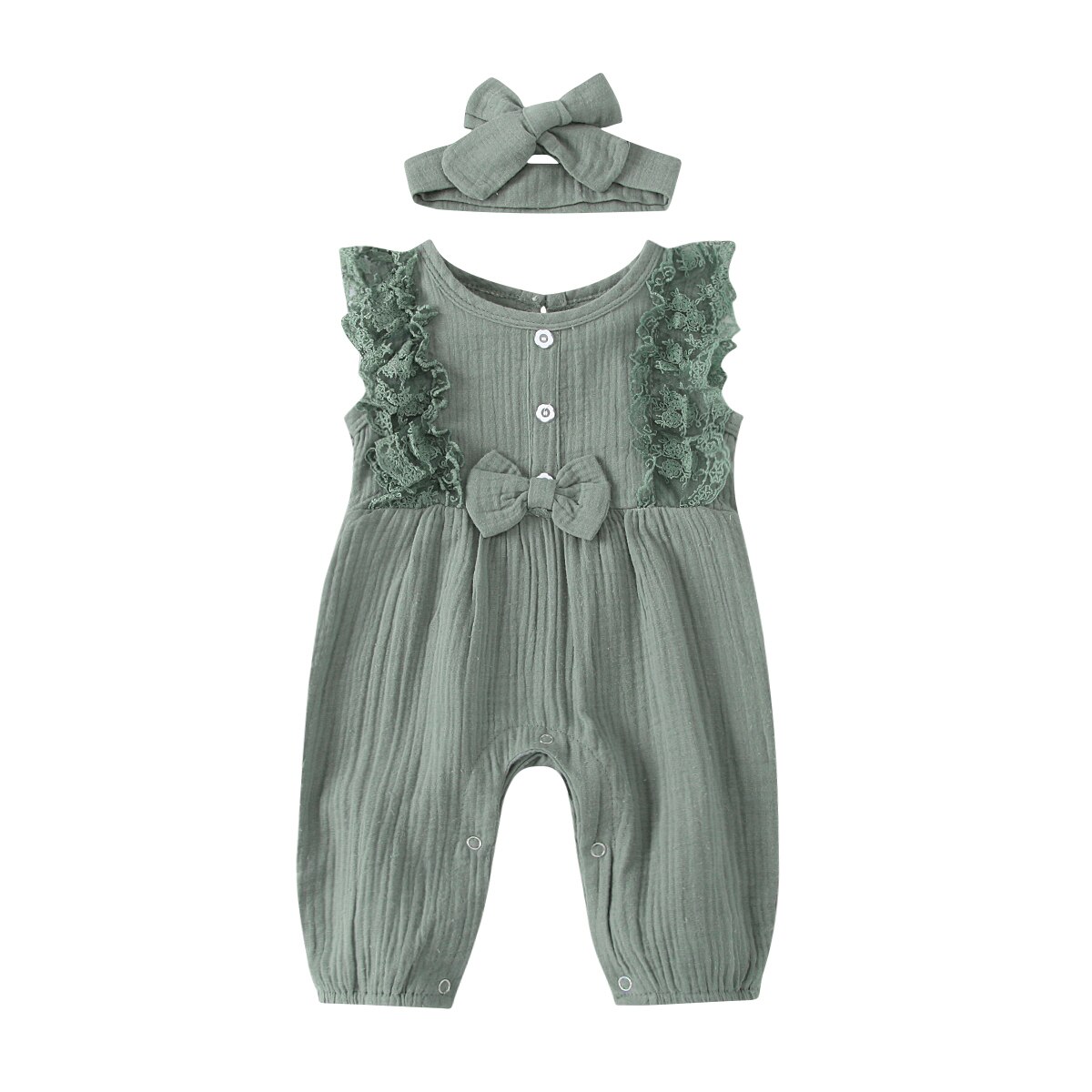 Baby Girl Cotton Linen Romper Two-piece Clothes Set Sleeveless Round Collar Jumpsuit Headdress Pink/ White/ Purple/ Green/Yellow: green / 18M