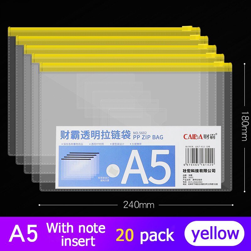 20Pcs Bestand Houder Transparant Plastic Informatie Tas A5 Rits Grote Capaciteit Boek Tas A4 Briefpapier Student Office Bestand Zak: A5 yellow