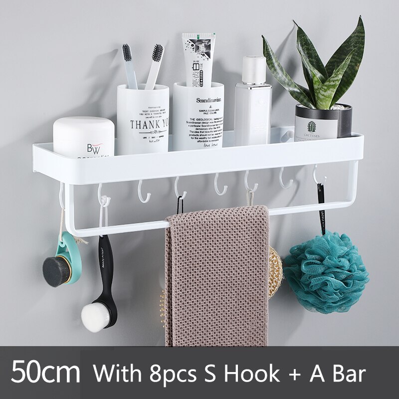 Witte Ruimte Aluminium Badkamer Planken Enkele Tier Rack Shampoo Plank Keuken Plank Badkamer Rack: 50cm 1 bar 8 hook