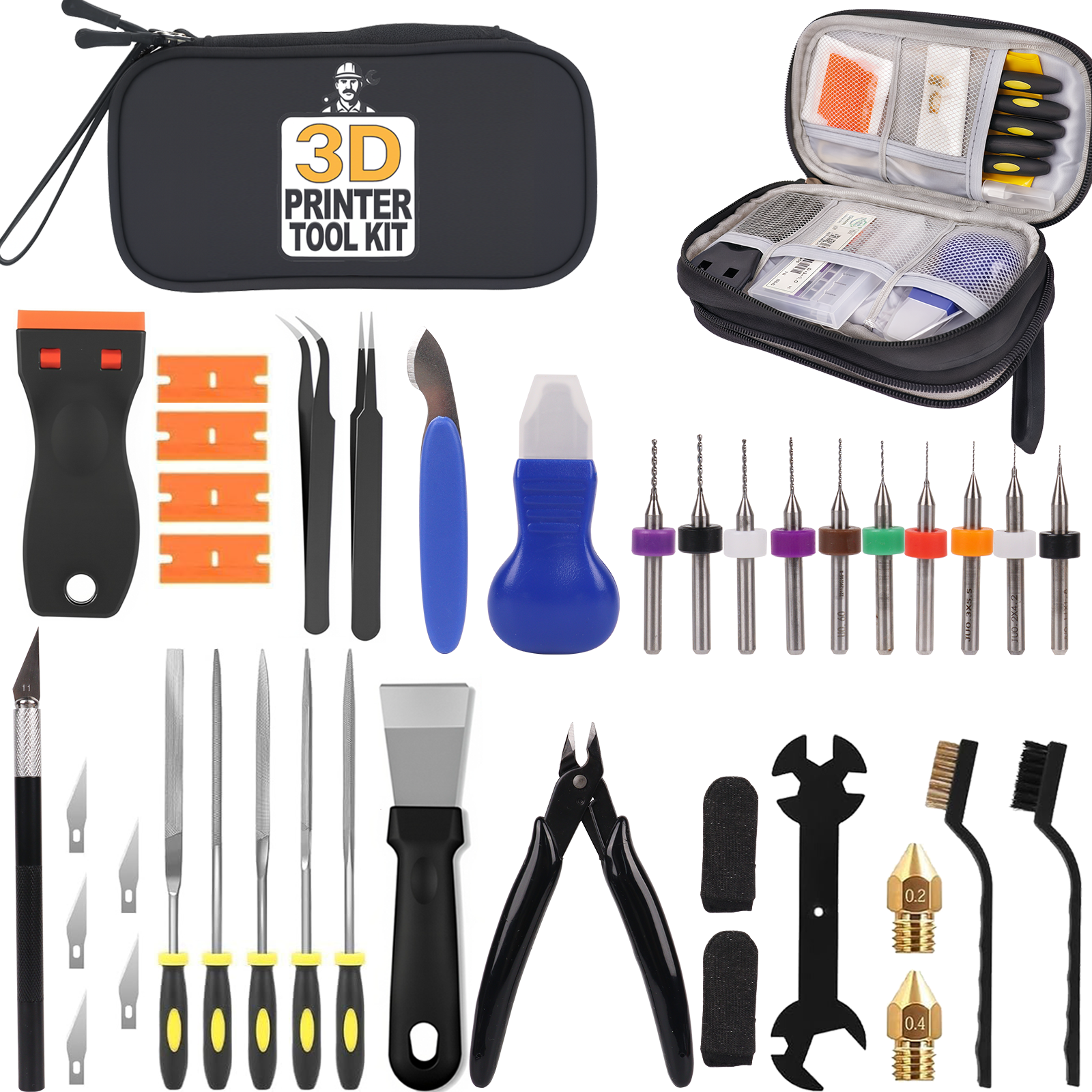 Kit de Ferramentas para Impressora 3D com 39 Peças, incluindo ferramentas de limpeza de bicos, raspador, escovas, conjunto de limas, cortador e faca para impressoras FDM/SLA