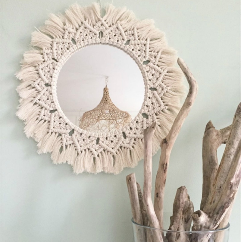 Macrame spejl håndlavet gobelin makeup spejl oplyst kompakt hjem soveværelse espejos decorativos væg spejle b & b dekorationer: E