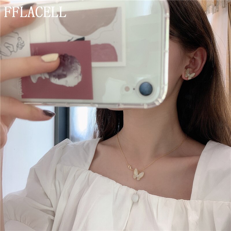 Fflacell Chic Mode-sieraden Opal Shell Rhinestone Parelmoervlinder Vlinder Ringen Opening Verstelbare Oorbellen Choker Ketting