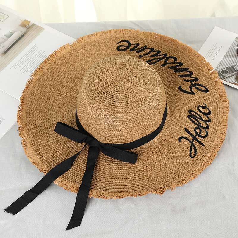 Weave Sun Hats Straw Hat Black Ribbon Tie Up Caps for Women Summer Beach Outdoor ZJ55