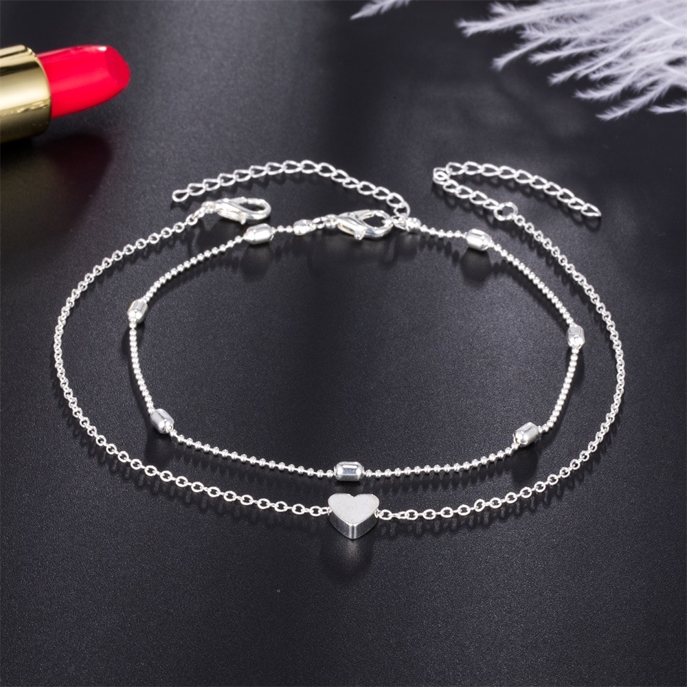 Beliebte Doppel-Schicht Fußkettchen Vintage Strand Ball Bead Kette Herz-Förmige Ornament