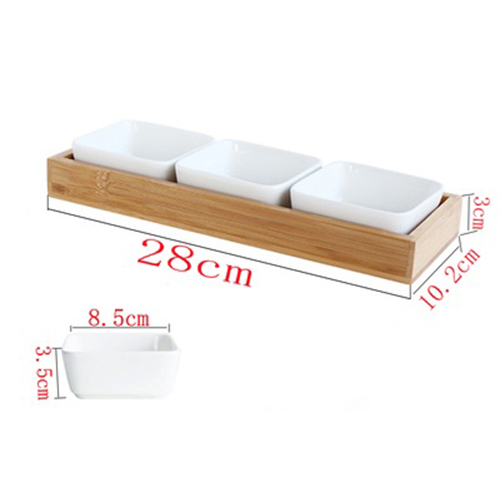 Japan Style Kitchen Organizer Ceramic Bowls Food Storage Containers with Bamboo Lid and Pallets Snack Serving Tray: 3 Bowls no Lid