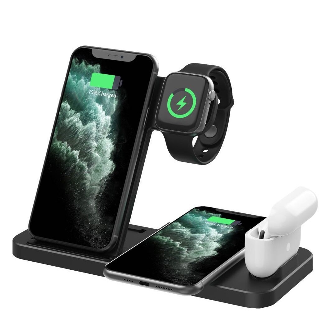 15W 4 In 1 Wireless Charger Dock Station for iPhone 13 12 11 X XS XR 8 Apple Watch 7 6 5 4 3 Airpods Pro Qi Fast Charging Stand: 4 in 1 Black