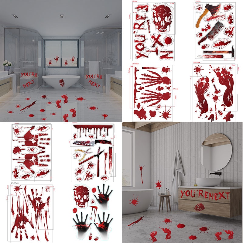 Halloween Bloody Handprint Stickers Horrible Wall Window Door Floor Decal Stickers Party Decoration Haunted House Prop
