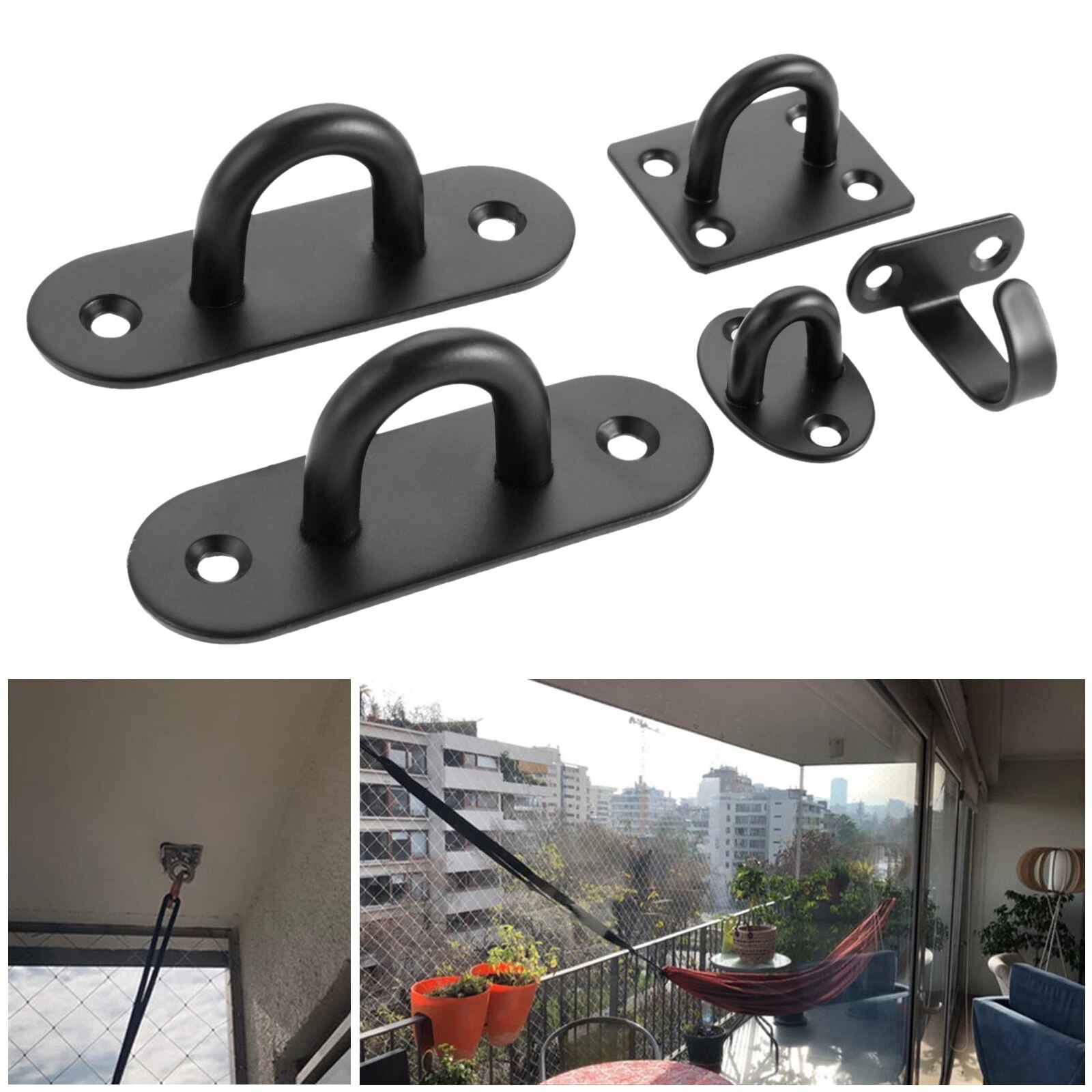 10/5 pcs Ceiling Mount Hook Stianless Steel Wall Hanger U-shape Ring Top Base Haning Fan/Chandelier/Plant Decor Black w/screws
